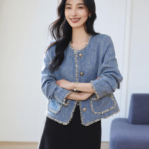 VICTORIA&VERA女装春季“阑珊星光”小香风复古时尚流苏撕边短款外套 商品图2