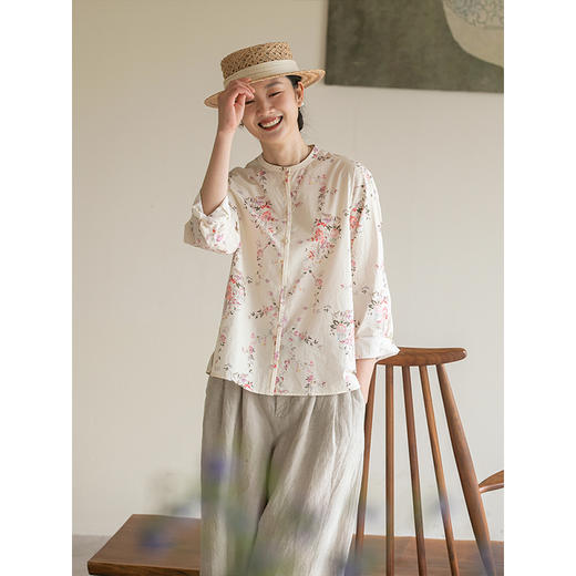 牧衣游原创 小野花手绘印染新疆棉衬衫春季新品圆领文艺上衣 岛风 商品图2