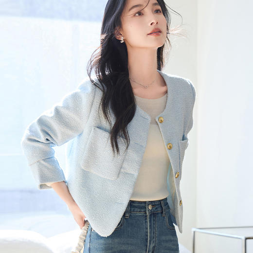 VICTORIA&VERA女装春季“气质名媛”小香风单排扣口袋亮闪显瘦圆领短款外套 商品图3