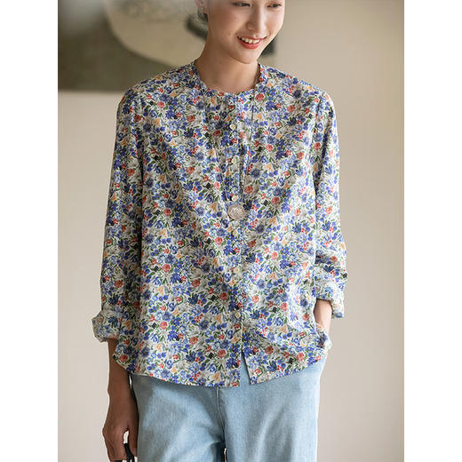 牧衣游原创重磅80支新疆棉印花布开襟衬衫休闲文艺碎花衬衣 霜枝 商品图1