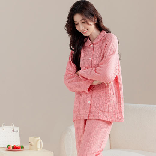 【纯棉细格四层纱睡衣】全棉四层纱家居服纯色多层纱睡衣男女情侣居家服套装 商品图1