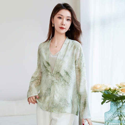 QS-12599600新款春夏印花桑蚕丝V领开衫衬衣女真丝衬衫外套12599600 商品图1
