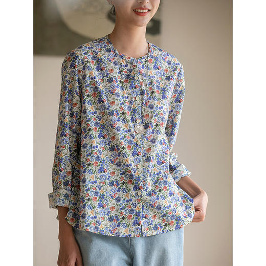 牧衣游原创重磅80支新疆棉印花布开襟衬衫休闲文艺碎花衬衣 霜枝 商品图3