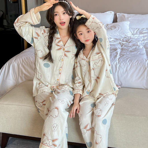 【纯棉纱布睡衣】女亲子装 春秋新款 开衫翻领女童母女中大童家居服 _HLY 商品图2