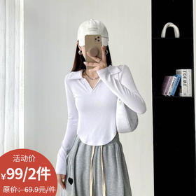 【59.9元2件T恤】纪念日百货基础-简约复古美式POLO领长袖短款圆弧上衣打底衫160359135
