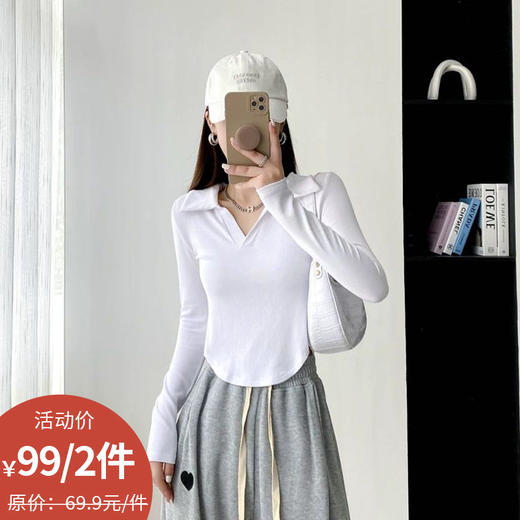 【59.9元2件T恤】纪念日百货基础-简约复古美式POLO领长袖短款圆弧上衣打底衫160359135 商品图0