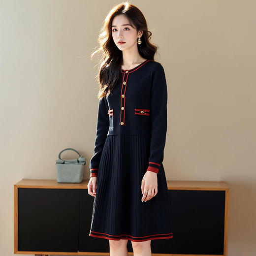 奢姿2025秋季新款胖妹妹大码女装撞色针织连衣裙圆领气质优雅裙子9851820055 商品图2