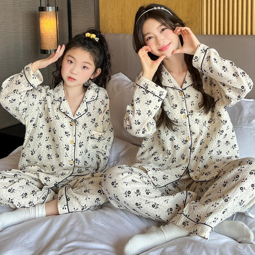 【纯棉纱布睡衣】女亲子装 春秋新款 开衫翻领女童母女中大童家居服 _HLY 商品图6