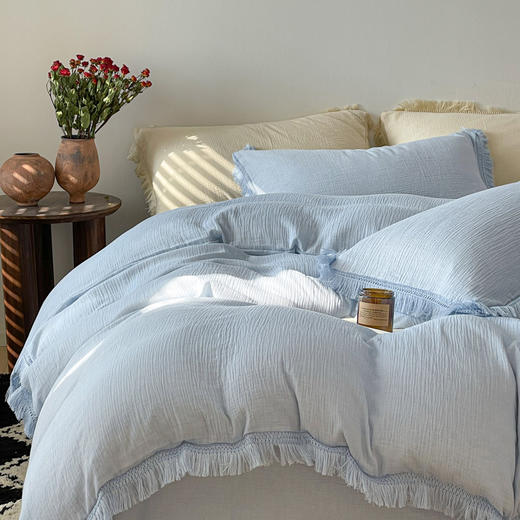 【A类纯棉皱皱纱流苏四件套】全棉双层纱皱皱纱流苏款四件套床品被套纯色A类件套 商品图4