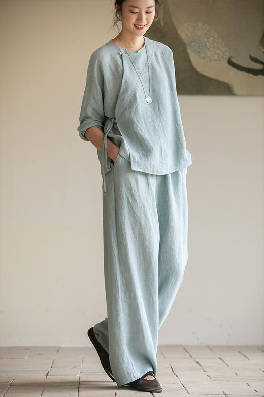 牧衣游原创 佰分佰细软汉麻净色裤子松弛感文艺休闲阔腿裤 雨趣 商品图5