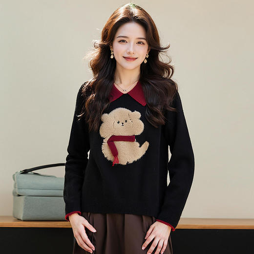 奢姿2025春季新款大码女装撞色翻领上衣胖妹妹可爱小狗拼接针织衫9644634630 商品图4