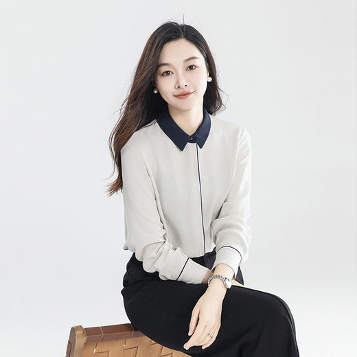 火桐hooton 23姆米建宏绉 静奢简约撞色真丝衬衫YT2040 商品图4