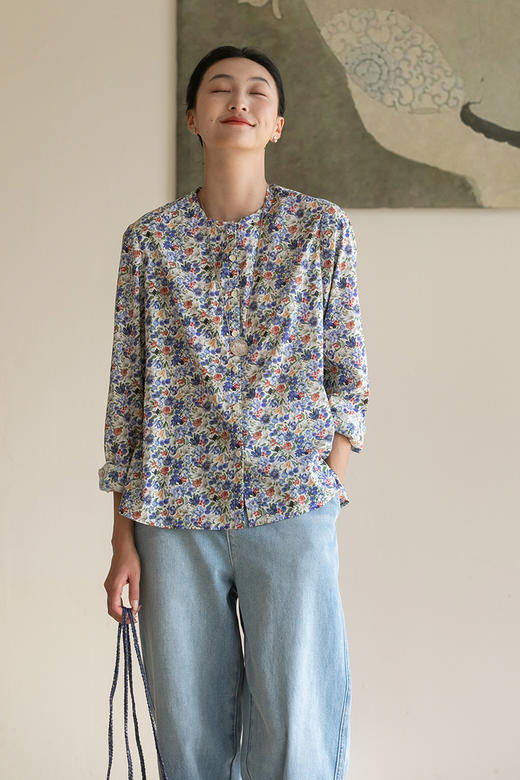 牧衣游原创重磅80支新疆棉印花布开襟衬衫休闲文艺碎花衬衣 霜枝 商品图5