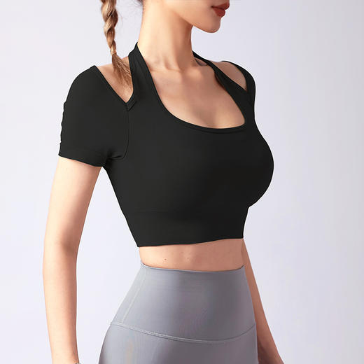 跃牌【美西西系列】夏季新款带胸垫瑜伽上衣运动短袖休闲修身显瘦辣妹T恤挂脖文胸DX-028 商品图3