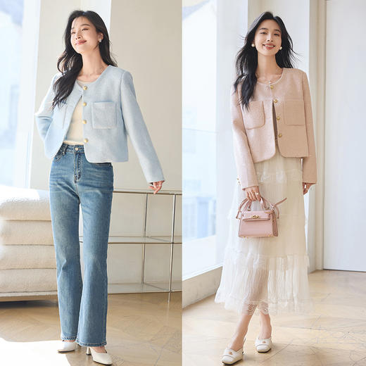 VICTORIA&VERA女装春季“气质名媛”小香风单排扣口袋亮闪显瘦圆领短款外套 商品图4