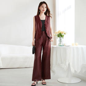 QS-62598908马甲+42598906裤子春夏非遗香云纱直筒长裤宽松显瘦大码休闲裤