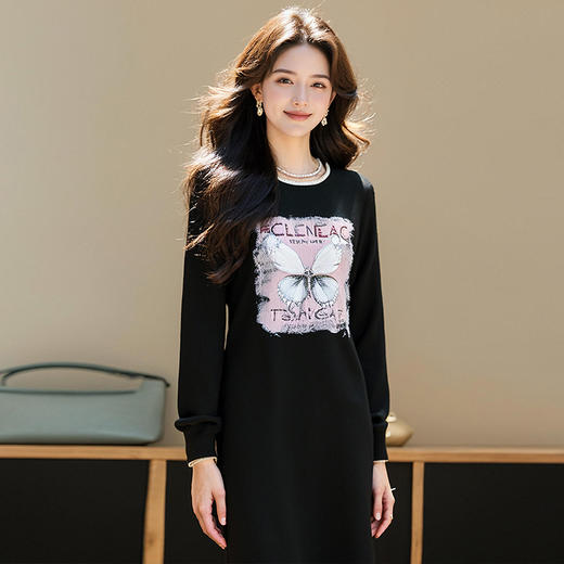 奢姿大码女装2025年春季减龄蝴蝶结印花连衣裙胖妹妹烫钻时尚裙子9944826609 商品图3