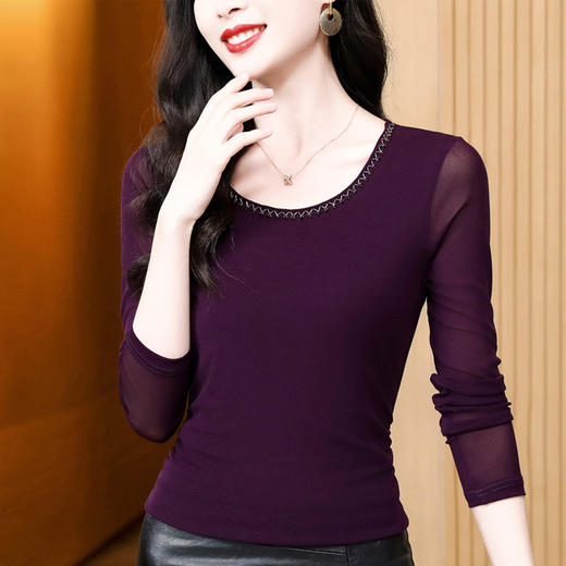 KQL E37M2835洋气百搭钉珠纯色网纱打底衫修身显瘦T恤 商品图3