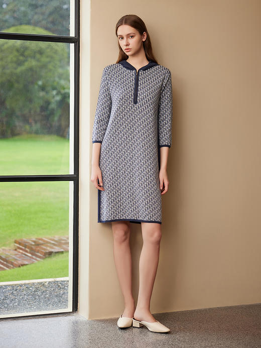 【连帽印花针织连衣裙】25年春夏新品女士100%羊毛衫中长款裙子 商品图0