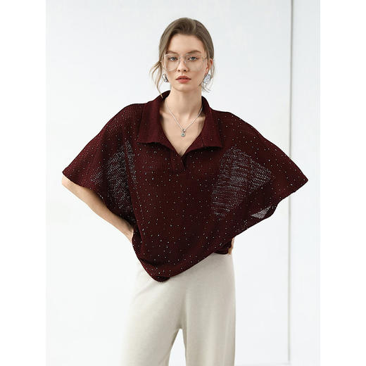 COCOBELLA静奢风蝙蝠袖烫钻镂空针织衫夏休闲POLO衫TS3033-2 商品图2