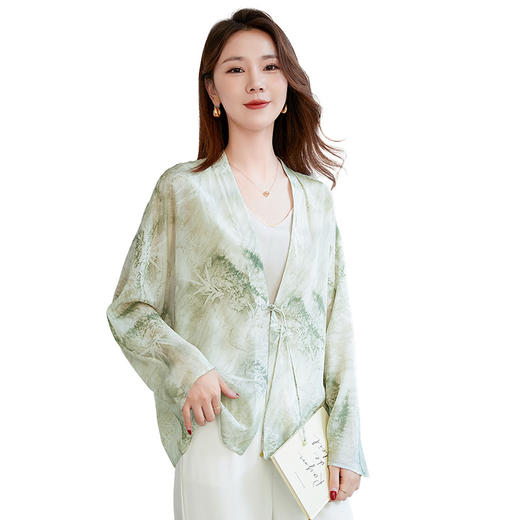 QS-12599600新款春夏印花桑蚕丝V领开衫衬衣女真丝衬衫外套12599600 商品图4