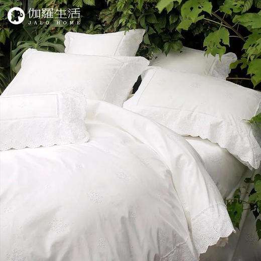 伽罗 JALO 长绒棉白色刺绣花边床品 商品图0