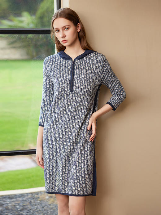 【连帽印花针织连衣裙】25年春夏新品女士100%羊毛衫中长款裙子 商品图2