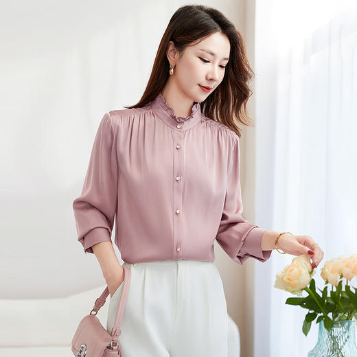 QS-22599630原创春夏新款长袖真丝衬衫女桑蚕丝显瘦衬衣女22599630 商品图3
