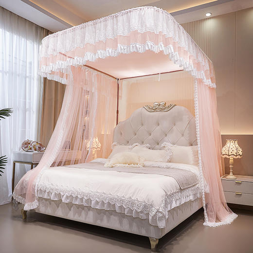 自然醒公主风纹帐U型轨道蚊帐家用双人导轨婚庆滑轨三开门加密伸缩2506HH 商品图2