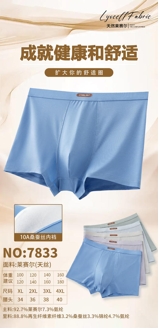 新款男士莱赛尔天丝包头撞色平角内裤6662/7820/7831/7833/7837 商品图1