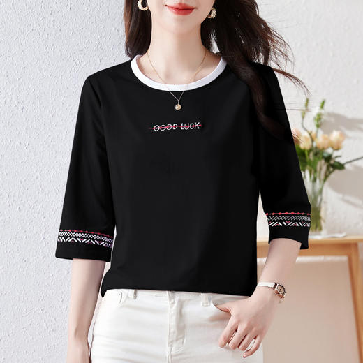 雀说纯棉紫色七分袖t恤女新款爆款宽松中袖五分袖上衣体恤AL20142 商品图2