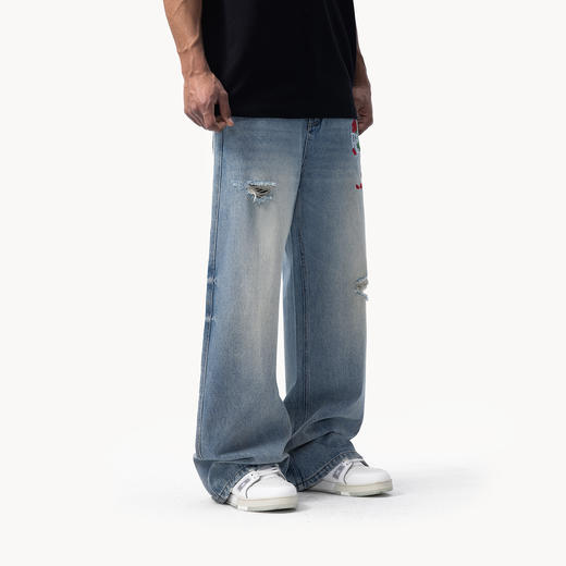 FDR官方店 玫瑰刺绣破洞牛仔裤男女情侣直筒运动裤宽松休闲长裤子 商品图2