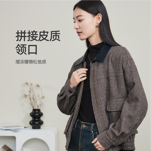 【超值！羊毛夹克外套】逸阳复古翻领人字纹短款宽松简约通勤外套3904 商品图3