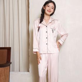 春夏【刘亦菲同款冰丝睡衣】条纹长袖缎面家居服套装 舒适透气可外穿睡衣