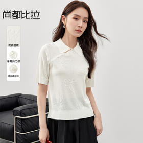 【内购】简约通勤翻领蘑菇扣柔软弹力薄款微透国风短袖毛衣-W51E58629