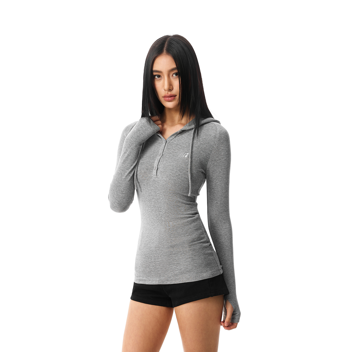 FDR官方店 辣妹V领纽扣可调节连帽长袖t恤女春季修身显瘦打底上衣