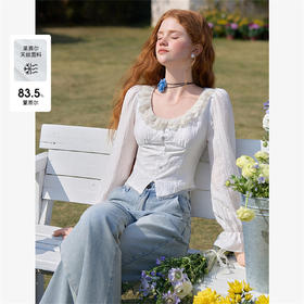 法式浪漫重工双层蕾丝U领天丝衬衫女短款衬衣上衣V0550126