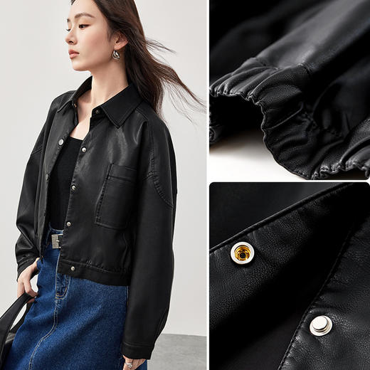 【内购】休闲通勤气质翻领金属按扣宽松短款显高机车皮衣外套-W51G58695 商品图3
