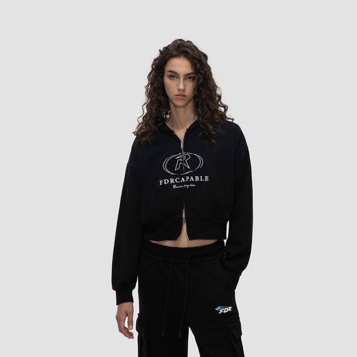 FDR 国潮美式双拉链短款连帽卫衣外套女春秋高街宽松印花开衫上衣 商品图0