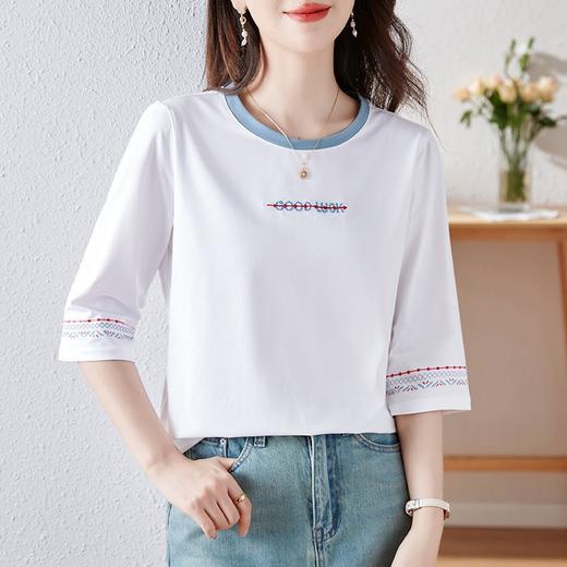 雀说纯棉紫色七分袖t恤女新款爆款宽松中袖五分袖上衣体恤AL20142 商品图5