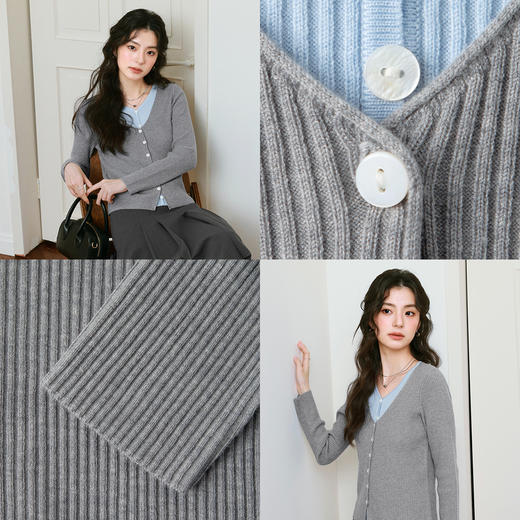 【严选】诗凡黎羊毛混纺假两件撞色V领针织开衫女上衣高级洋气25春季新款7G2231431 商品图3