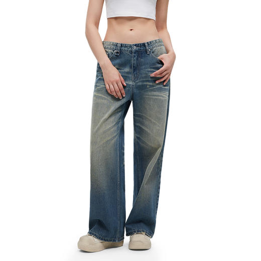 FDR官方店 水洗复古蓝色牛仔裤女夏季新款美式运动宽松直筒长裤子 商品图1