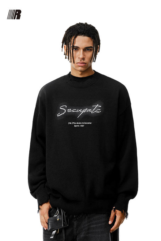 FDR官方店 珍珠烫钻破坏毛衣男女秋冬季美式街头宽松情侣装上衣 商品图5