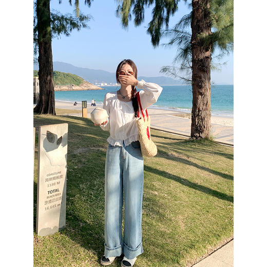 <曾小咸推荐>慵懒显瘦兰裤脚翻边高腰牛仔裤 商品图4