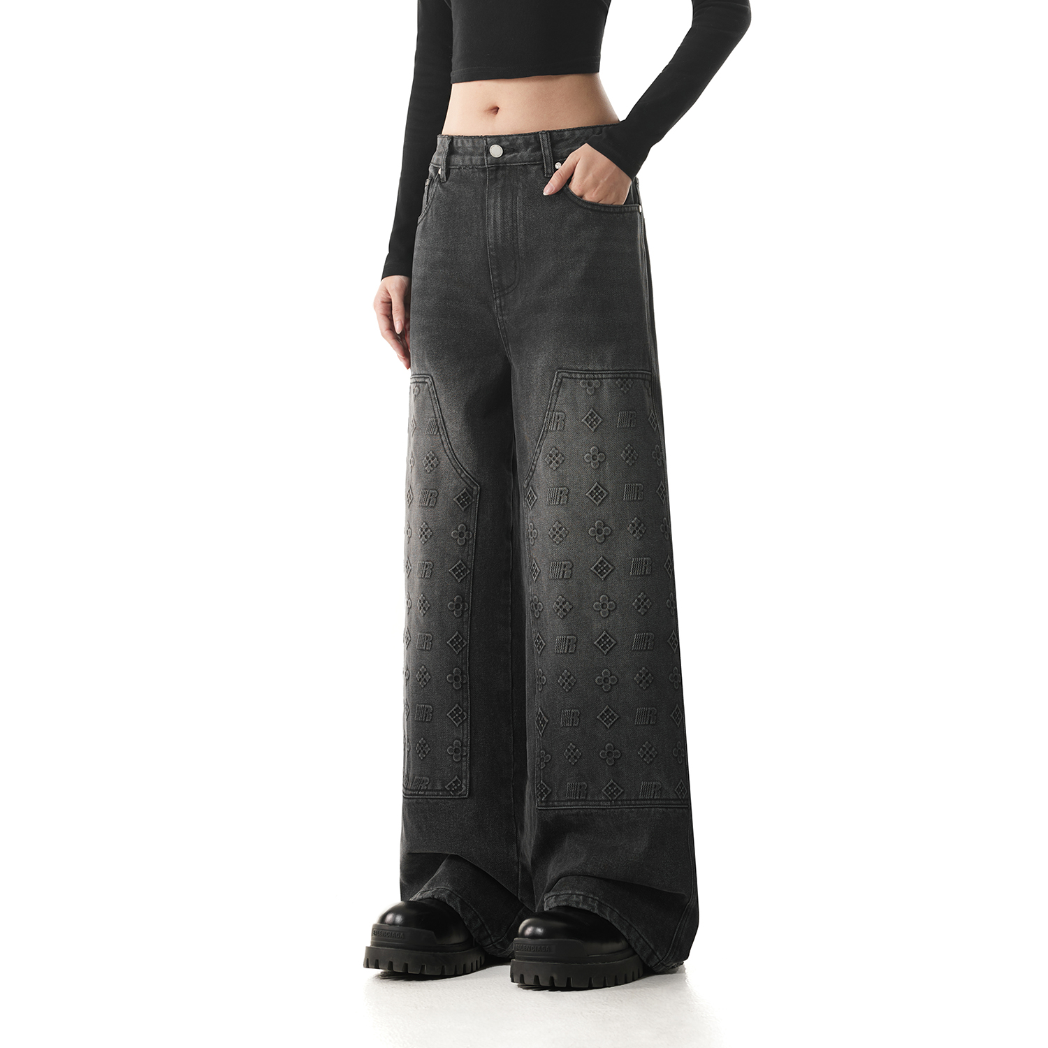 FDR官方店 美式复古压印牛仔裤男女情侣宽松直筒裤阔腿休闲长裤子