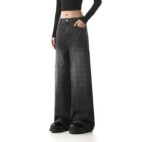 FDR官方店 美式复古压印牛仔裤男女情侣宽松直筒裤阔腿休闲长裤子