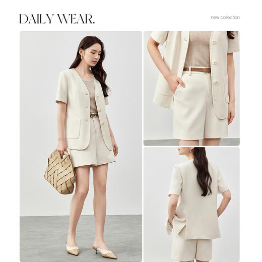 【内购】都市职场通勤含亚麻V领垫肩短袖西装外套&直筒短裤-151Z58313 商品图3