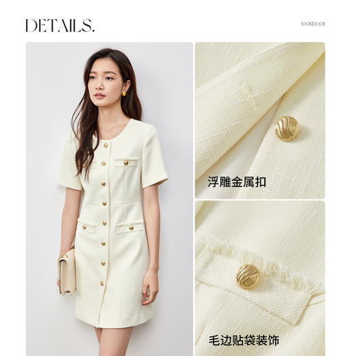 【内购】优雅通勤圆领撞色浮雕金属扣毛边贴袋短袖直筒连衣裙-151L58297 商品图4