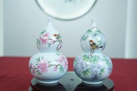 粉彩水点桃花水点紫藤葫芦对瓶