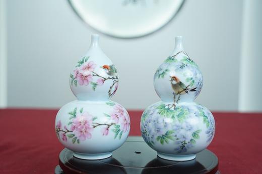 粉彩水点桃花水点紫藤葫芦对瓶 商品图0